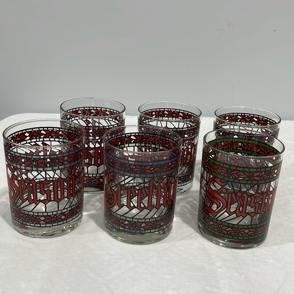 Vintage Houze CHRISTMAS Seasons Greetings Tumbler Drinking Glasses Set Of 6